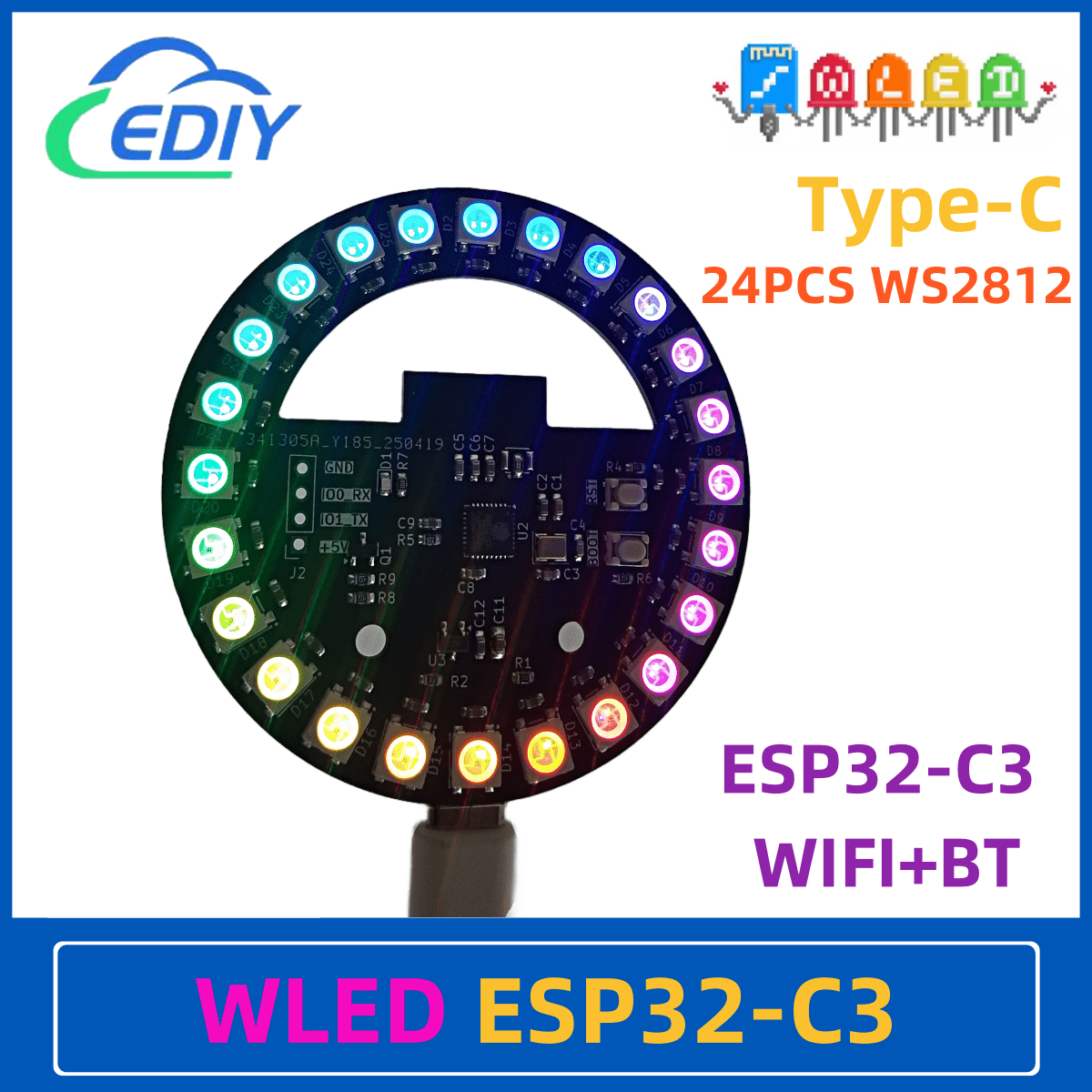 Ws2812B - WLED ESP32-C3 บอร์ดพัฒนาวงกลมแสงสีสัน WS2812B วงกลมบรรยากาศ Light